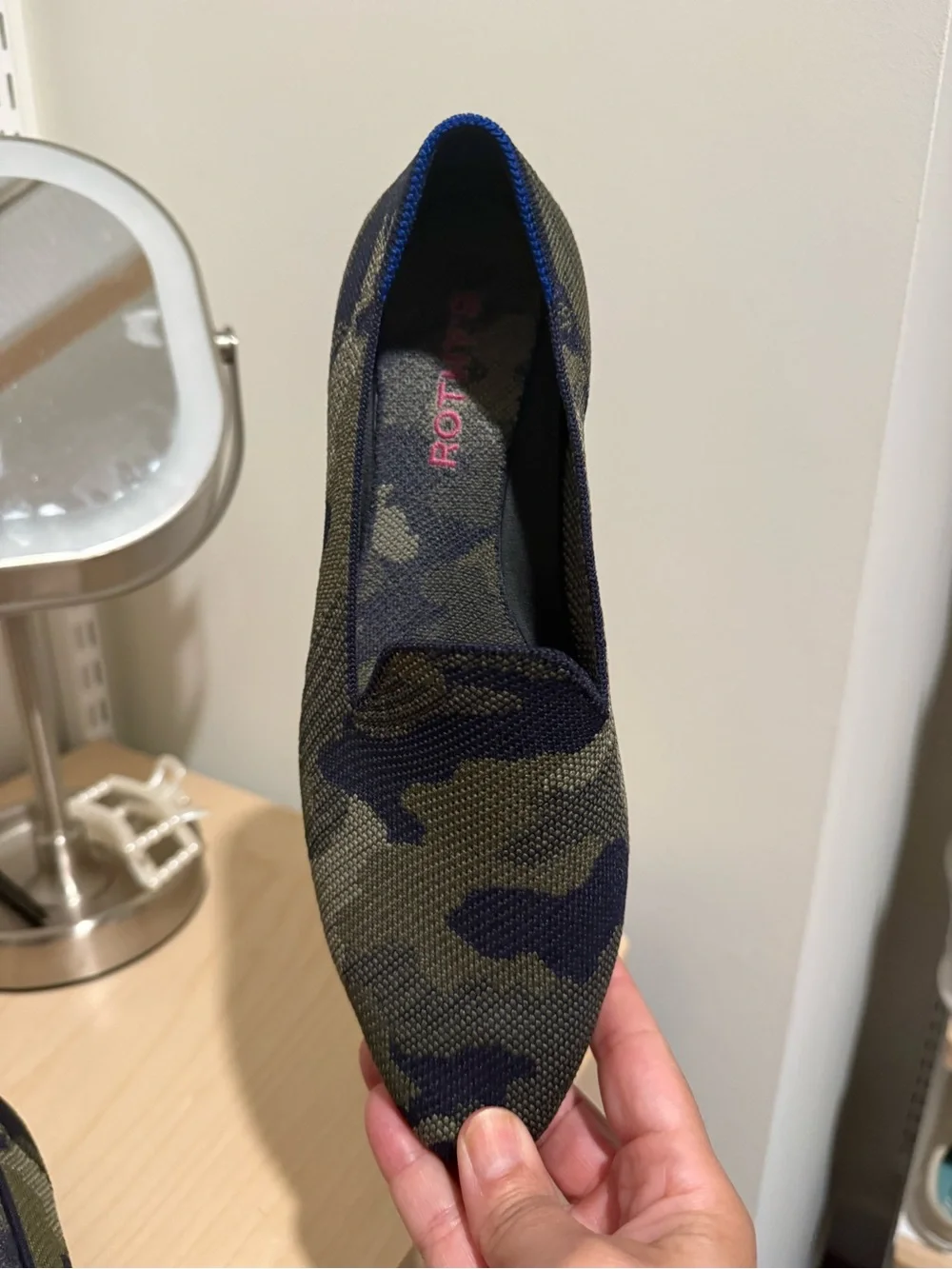 Rothy’s Camo Almond Loafers in Olive and Navy